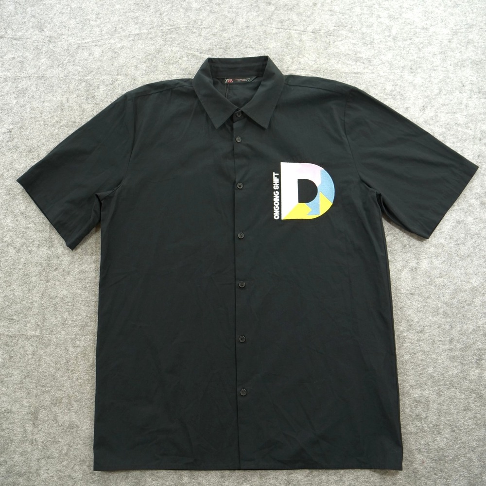 Zara Shirt Mens Medium Black Button Up Ongoing Shift Embroidery Logo New